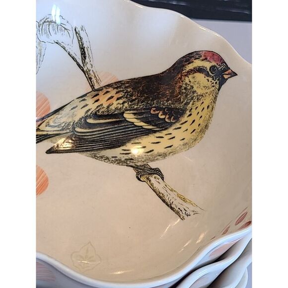 Anthropologie "On Safari" Soup/Cereal Bowls Scalloped Edge Birds Set of 4, EUC - Picture 2 of 9